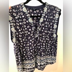 Lucky Brand Blue Patterned Cotton Top - Tie Neck and Vertical Pleating - Size XL